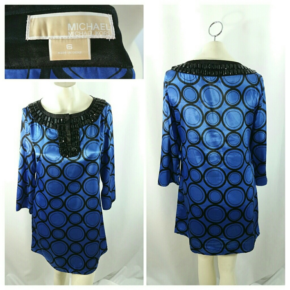 Michael Kors Womens Blue Geometric Beaded Dress